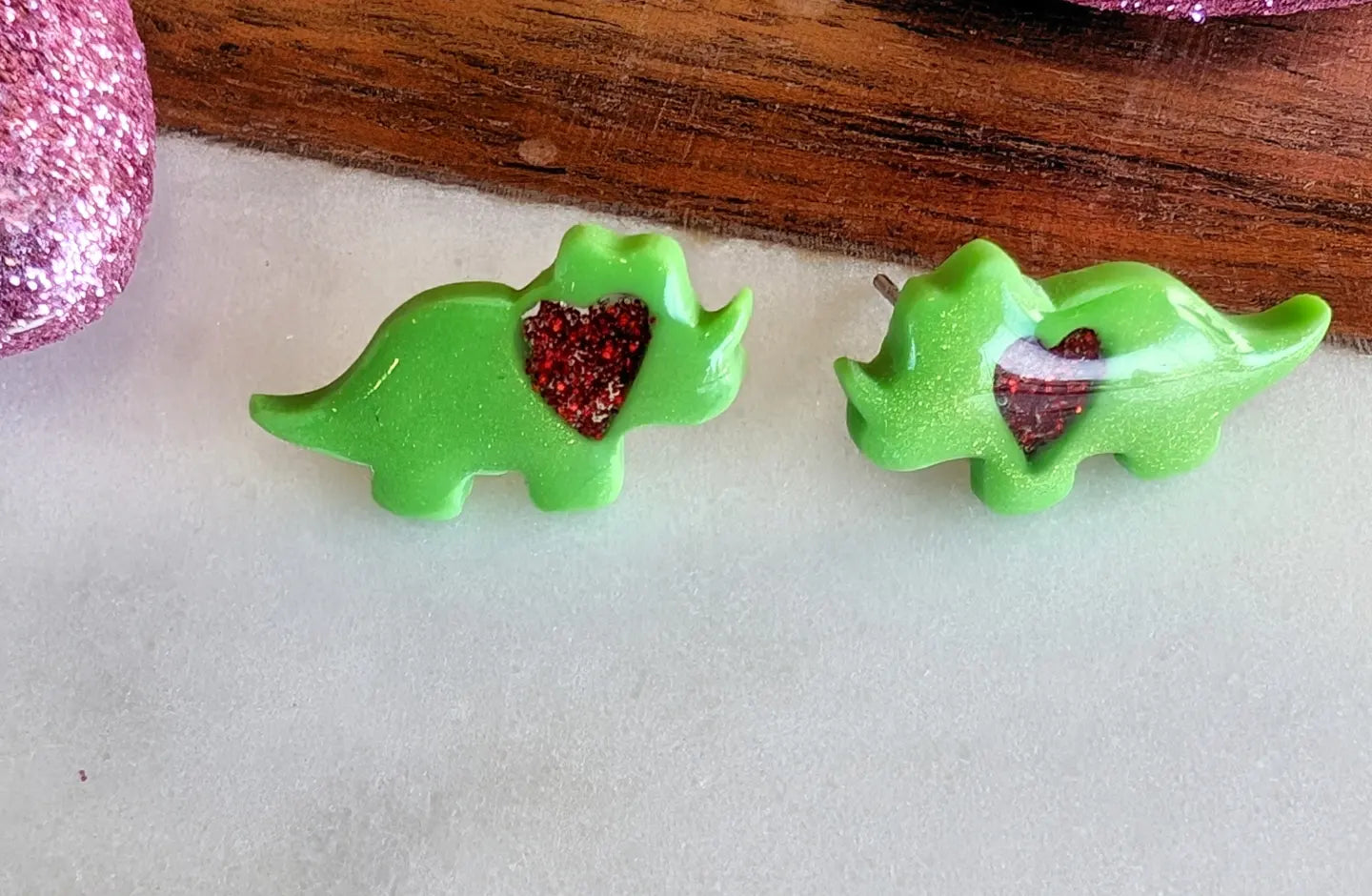 Glitter heart dinosaur earrings